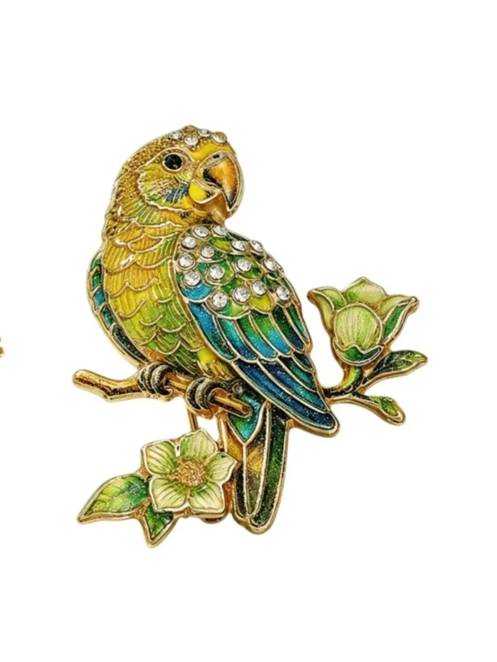 Blue Green Enamel & Crystal Parrot Parakeet Brooch Pin Gold-Tone